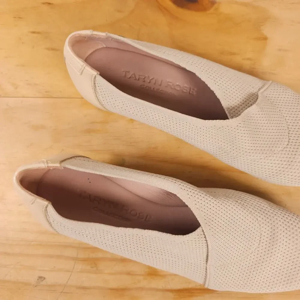 Taryn Rose Knit Stretch Celeste Round Toe Wedge Slip On Shoes Beige 7.5